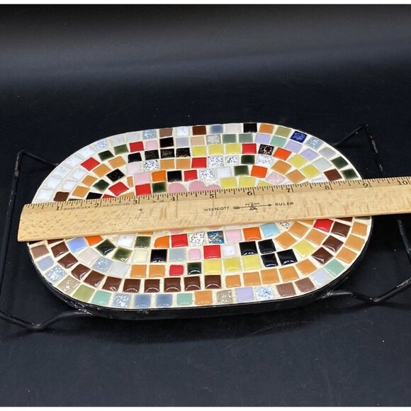 Mid Century Mosaic Tile Oval Trivet Multicolor Pink Hearts Black Metal Handles - Picture 10 of 14